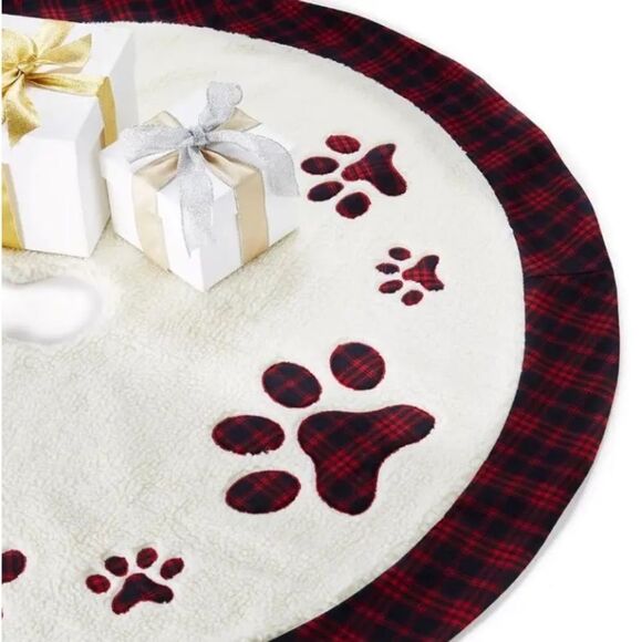 Holiday Lane Paw Sherpa Fleece with Tartan Border 48" Tree Skirt - Picture 1 of 2